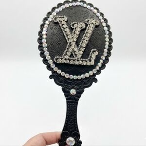 Black Bling Fashion Handheld Mirror with Crystal Accents Handmade